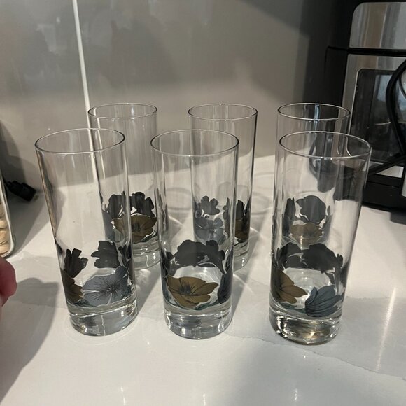 Arcoroc Luminarc Julie Highball Collin Glasses 6 Barware Silver & Gold Flowers - Picture 5 of 5